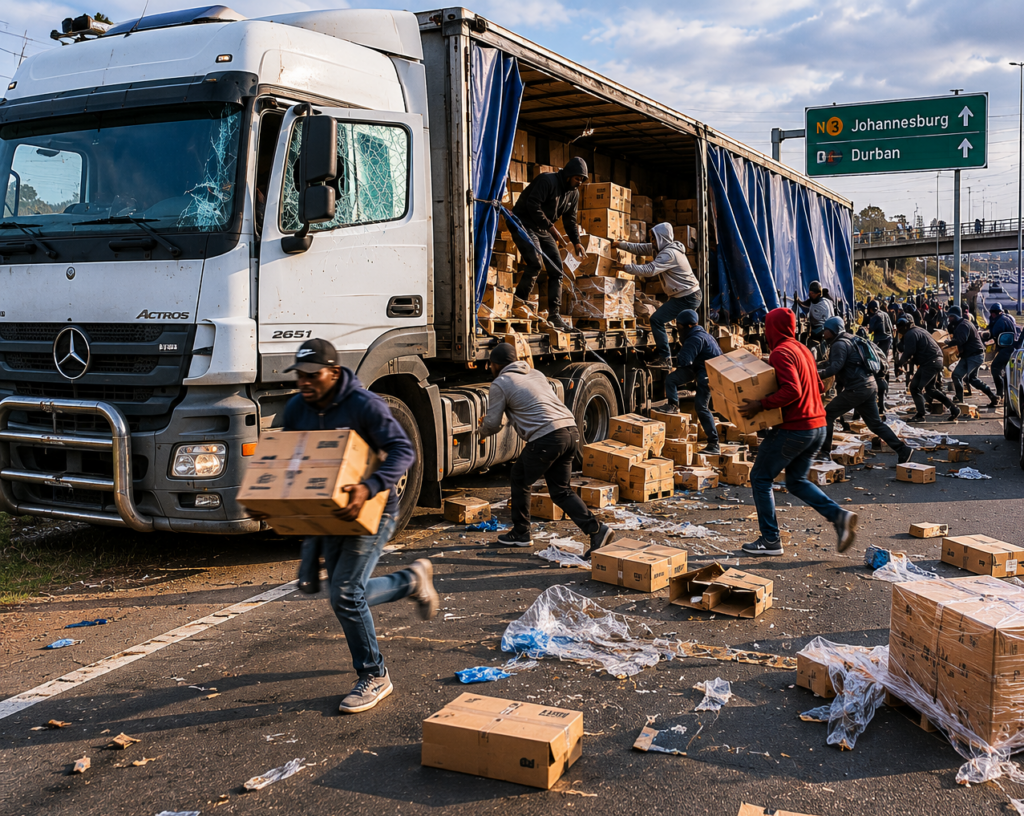 Group looting cargo truck on highway