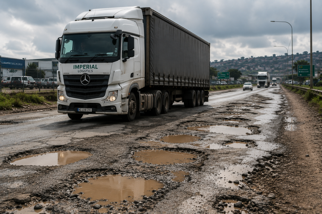 Logistics truck driving on pothole-filled wet road