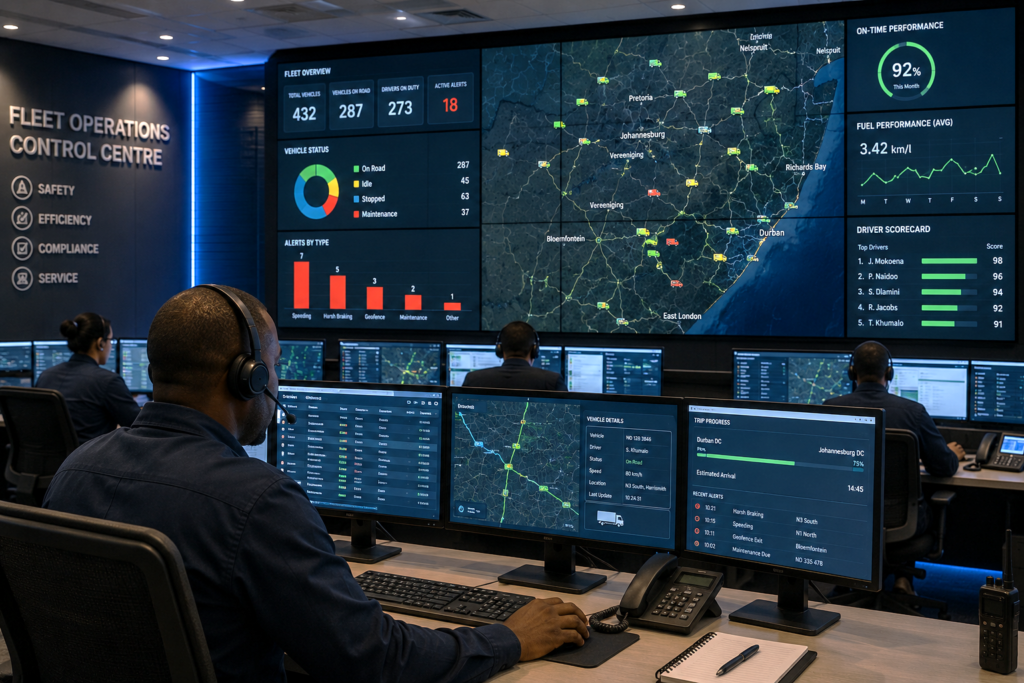 Fleet operations control center with live tracking dashboards